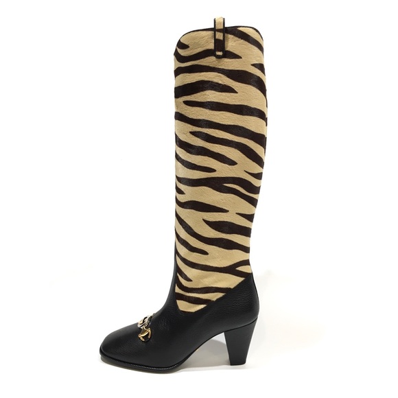 GUCCI Zumi Knee Boots Tiger Print Calf Hair -Black Leather -US 7 -NEW - Picture 3 of 11